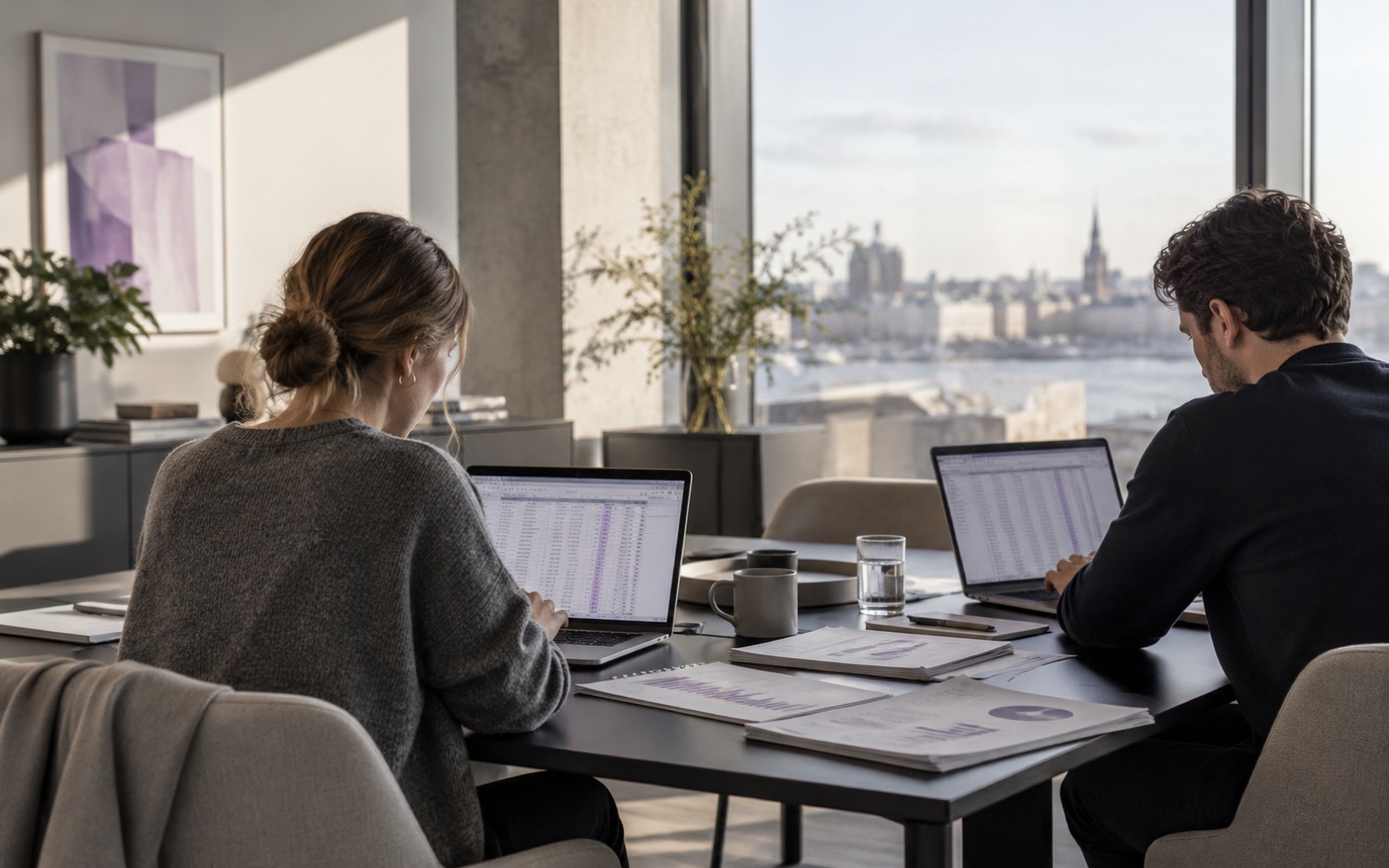 Two financial operations analysts reviewing settlement data in a bright, modern office.