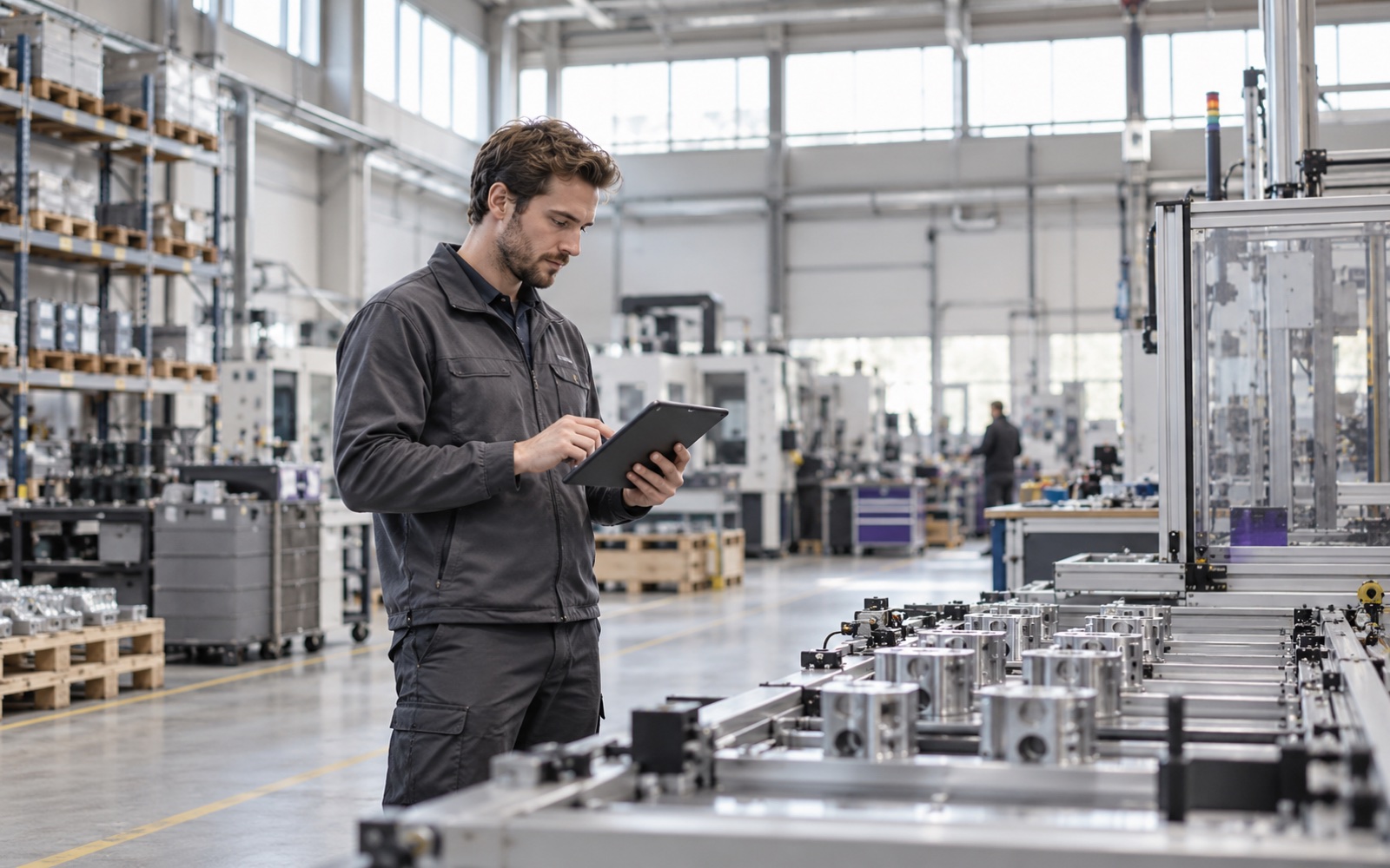 An operations engineer reviewing a tablet beside machinery on a manufacturing production floor.