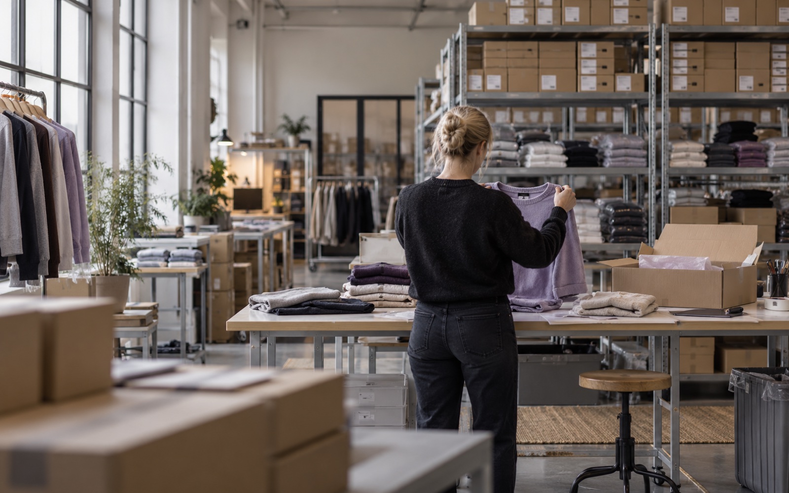 An apparel fulfillment workspace with packed orders and a garment return being inspected.